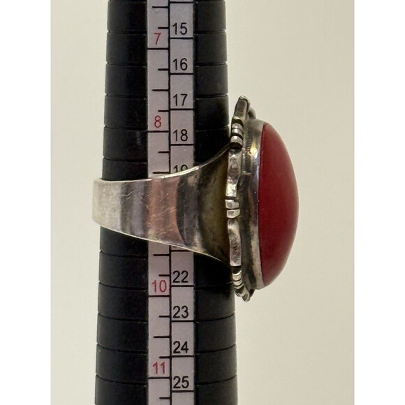 Vintage Red Coral Handmade Statement 925 Silver Ring Setting 18g Size 9 - Picture 8 of 12